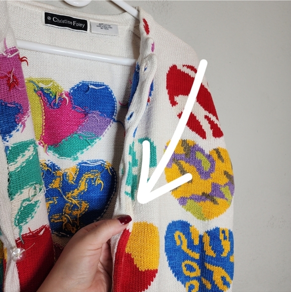 Vintage Christine Foley Heart Multi White knit button cardigan size 1 medium - Picture 4 of 16